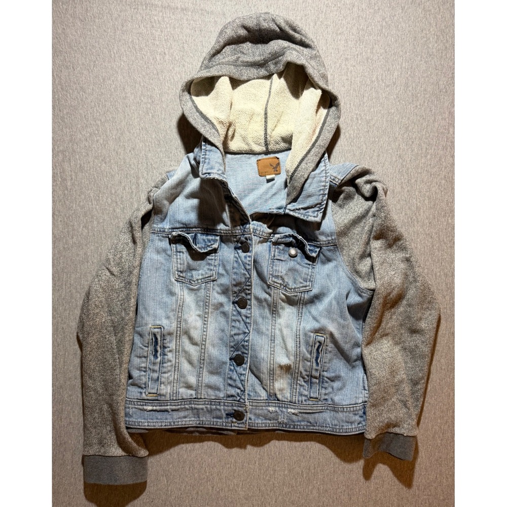 American Eagle Denim Jacket Heather Gray Knit Hood Sleeves XL Light Wash Trucker